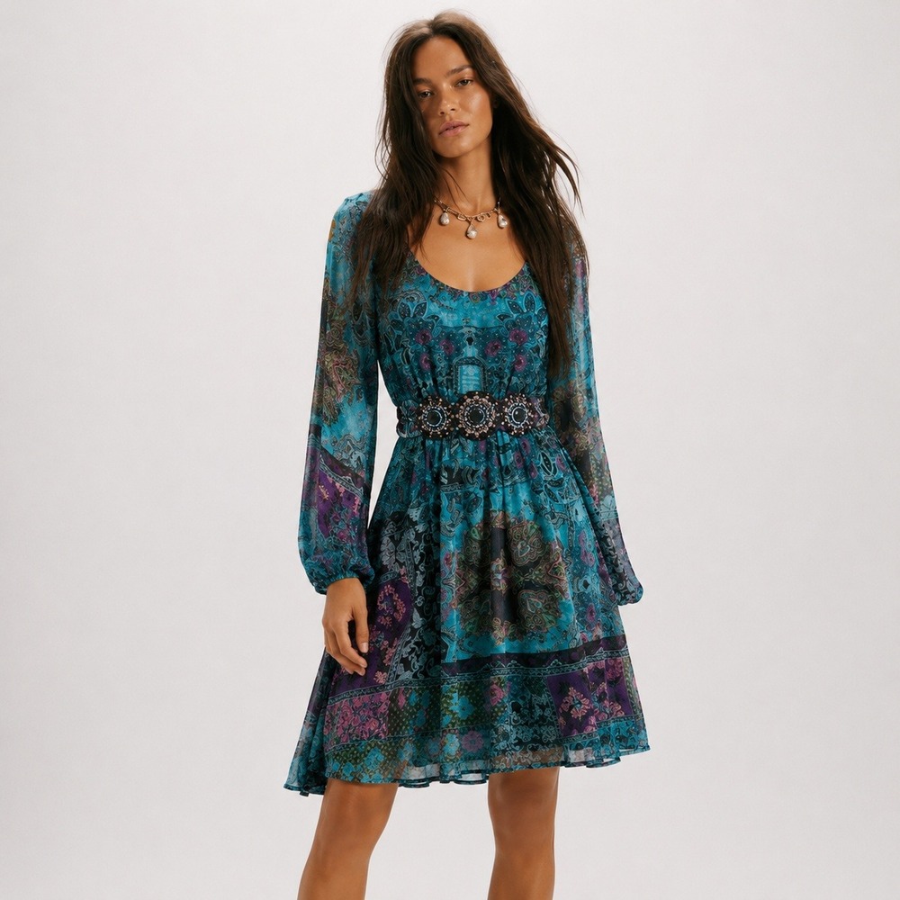Boho Silk Beaded‎ Patchwork Dress Womens 6 Teal Purple Paisley Fairy Festival